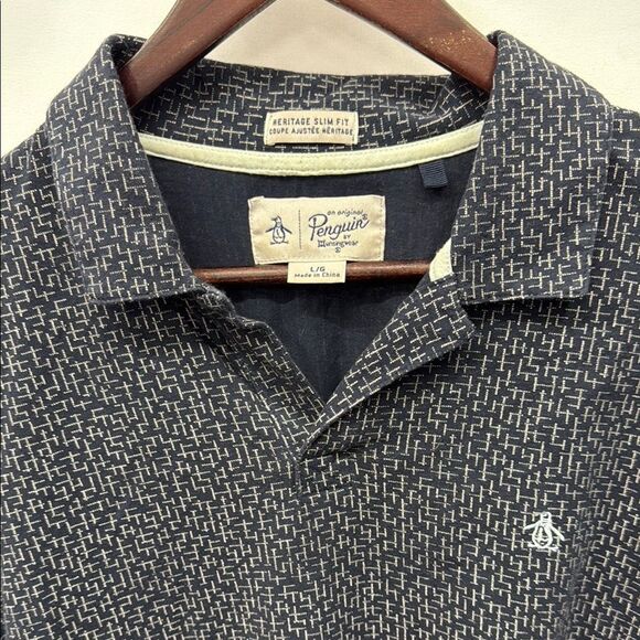 Original Penguin Men's Navy Blue Patterned Polo Shirt Sz Large - Picture 2 of 4